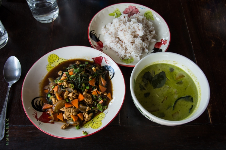 Jasmin rice, chicken with holy basil, and green curry